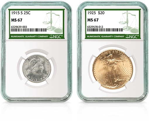 1915 S 25C and 1925 20 Dollar NGC Green Label Holder